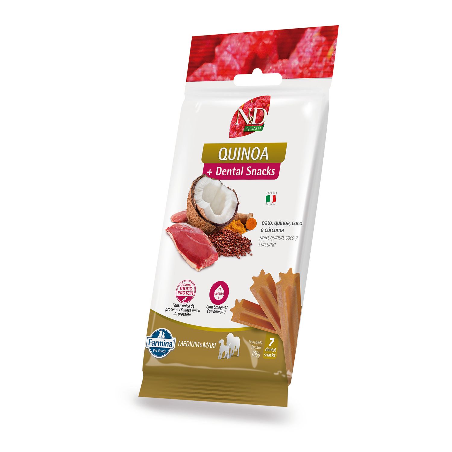 Treats MEDIUM - MAXI 100g N-D SKIN-COAT duck -front-right- 2000x2000